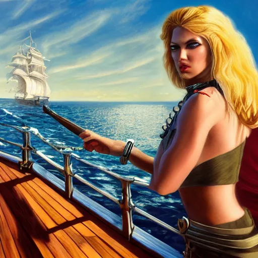 Prompt: a fierce, blonde, well - dressed, armed, pirate woman, standing on the deck of her ship gazing at the horizon through a spyglass, realistic, hyperdetailed, 8 k, oilpainting