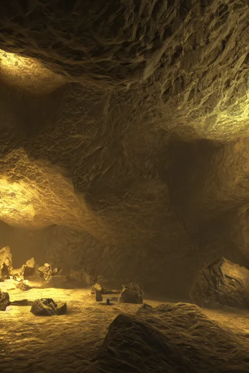 Image similar to mechanoids mining resources in a cave with minimal lighting in the style of claude monet, cinematic lighting, raytracing, 8 k, octane render, volumetric, vivid, beautiful, hyperrealism