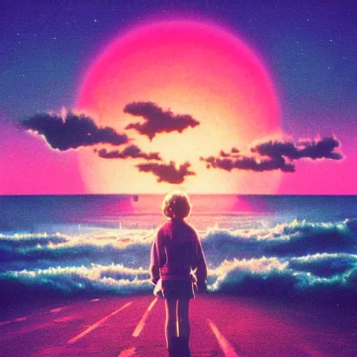 Image similar to 80s landscape photo, ET, goonies, retrowave, synthwave