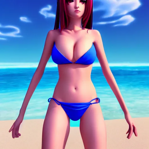 Image similar to Beautiful anime babe wearing a bikini at the beach, Highly Detailed, Photorealism, HD quality, 8k resolution, cinema 4d, 3D, unreal engine 5, high quality, beautiful, cinematic