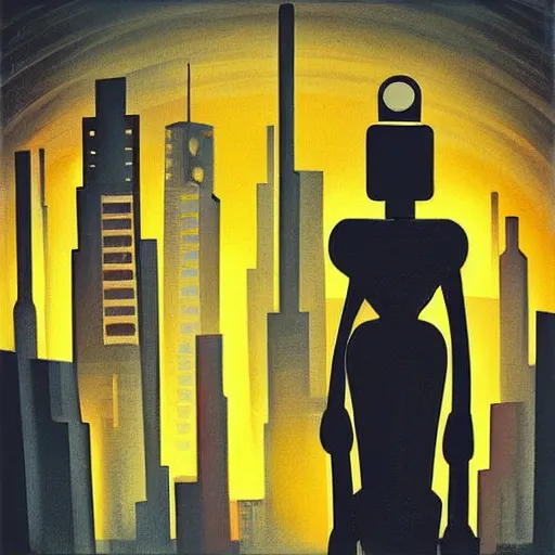 Image similar to “femme 1950s robot, facing a futuristic city, art deco, on canvas, dramatic lighting, clean dark lines, glowing highlights”