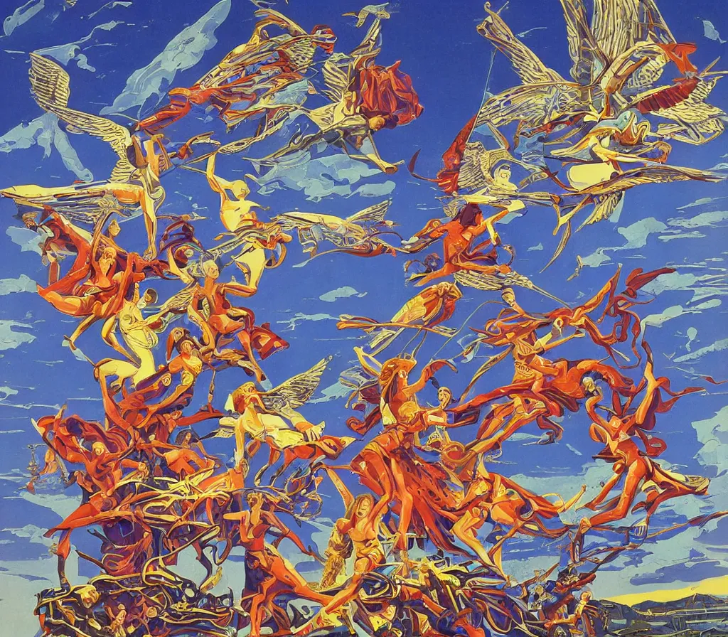 Image similar to sacred angels fighting in the skies of seattle, modernism, gouache, stylised, illustration, by syd mead, mati klarwein, and moebius