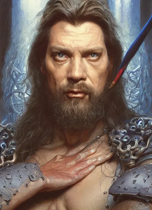 Prompt: a hyperrealistic and detailed paintbrush portrait of a male fantasy character, art by donato giancola and bayard wu and gustav moreau and wayne barlowe, rpg portrait, conan, krull, 8 0's fantasy movies, dungeons & dragons, d & d, artstation