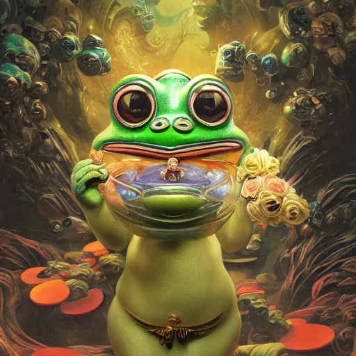 Image similar to plasticine wet shiny angels, crystal, moonlit, mirrors, camera angled dramatically, realistic hyperdetailed design of pepe the frog, ferocious, chinese mythology, victo nga, fumo yoshitoshi, ren jing jeong, feifei ruan, peter mohrbacher, takato yamamoto