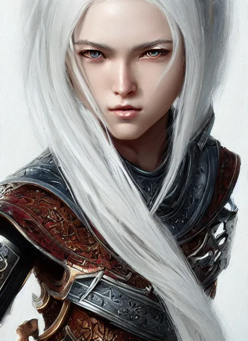 Prompt: girl with shoulder length white hair, steel samurai armor, beautiful highly detailed face, beautiful painting by artgerm and greg rutkowski and raymond swanland