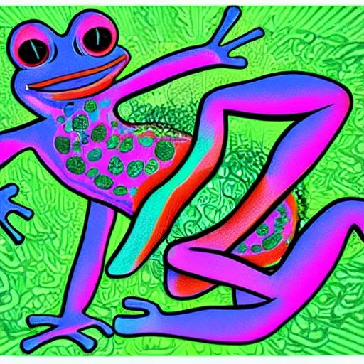 Prompt: Alex Jones turning thousands of frogs gay. Super resolution. Award winning illustration art in the style of Alex Grey