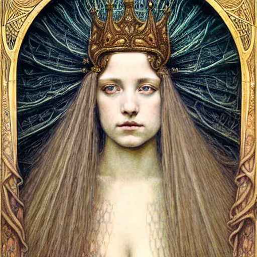 Prompt: detailed realistic beautiful young medieval queen face portrait by jean delville, gustave dore, iris van herpen and marco mazzoni, art nouveau, symbolist, visionary, gothic, pre - raphaelite