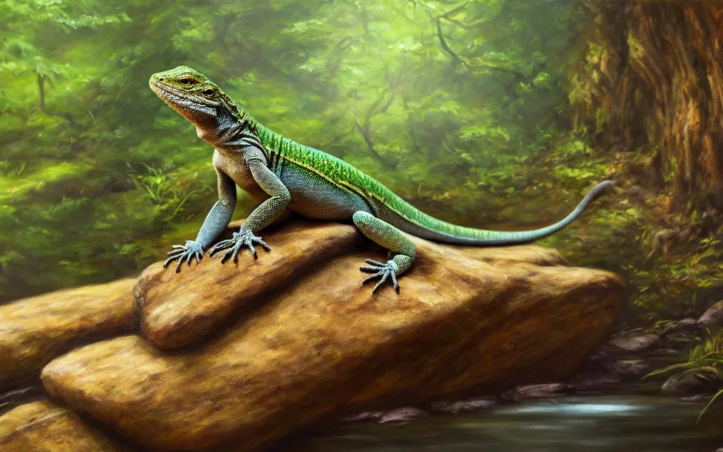 Image similar to A lizard sitting on a rock within a woodland creek, highly detailed, trending on pixiv, realistic oil paint artwork made in 2020.