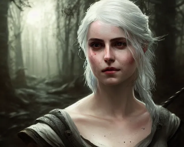 Prompt: 5 5 mm portrait photo of a real life ciri with a face scar, in a magical forest. dark atmosphere. art by greg rutkowski. highly detailed 8 k. intricate. lifelike. soft light. nikon d 8 5 0.