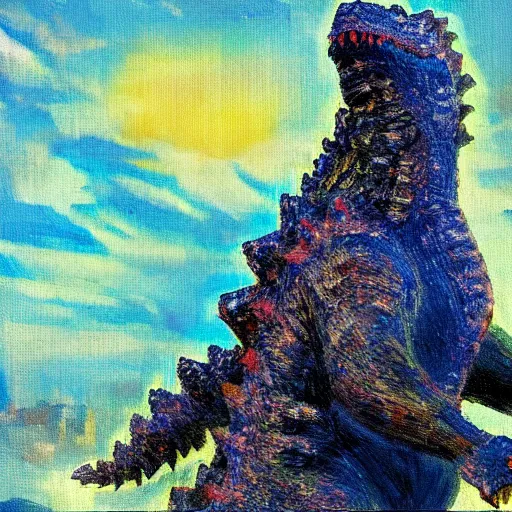 Prompt: impressionist painting of Godzilla in the style of Charles R. Knight