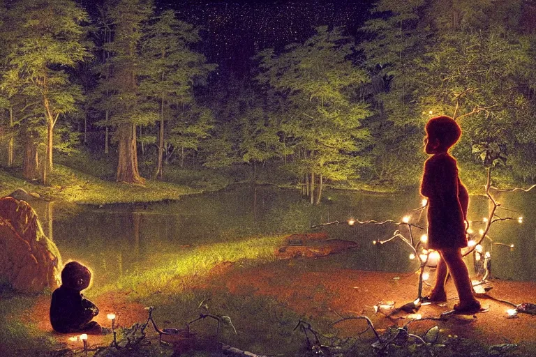 Image similar to a scenic view of a black boy talking to a ghost in the middle of a magical forest with glow-worm lights near a lake, detailed, cinematic, dramatic scene, retro illustration by Norman Rockwell.