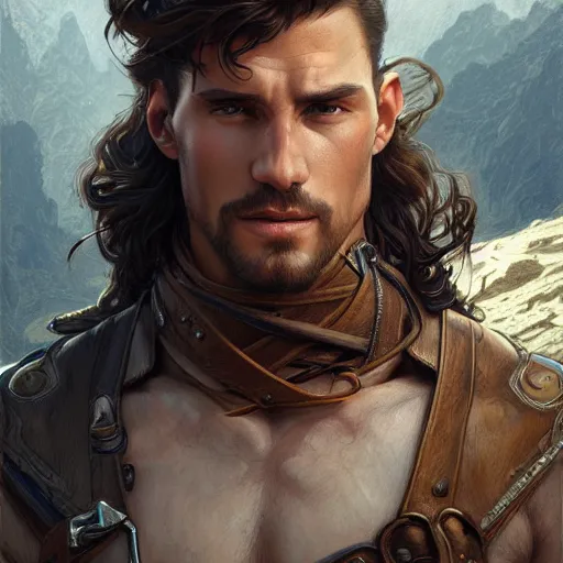 Image similar to portrait of a young, ruggedly handsome ranger, muscular, half body, leather, fantasy, intricate, elegant, highly detailed, digital painting, artstation, concept art, smooth, sharp focus, illustration, art by artgerm and greg rutkowski and alphonse mucha