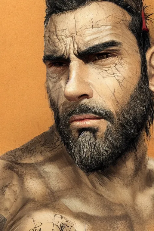 Image similar to very detailed portrait of a rugged man in his early thirties, strong jaw, ( ( deep black eyes ) ), ( ( ( latino features ) ) ), wearing a black!! t - shirt, earthy color scheme, by wlop and krenz cushart and artgerm, detailed eyes, starry background, trending, on artstation.