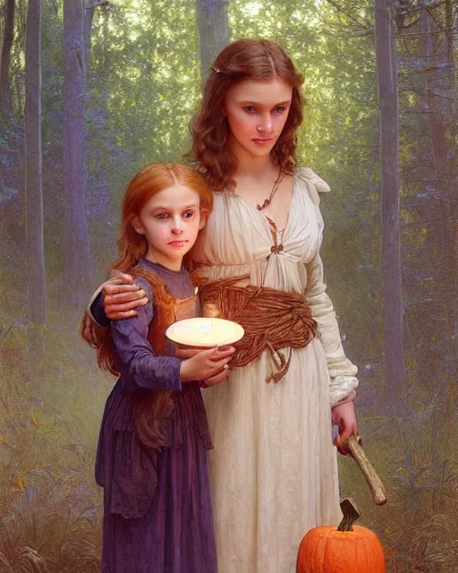 Image similar to a realistic candlelit portrait painting of a thoughtful girl resembling a young, shy, redheaded alicia vikander or millie bobby brown wearing peasant dress carrying a jack - o - lantern in a fall forest at night, highly detailed, intricate, concept art, artstation, by donato giancola, alphonse mucha, and william bouguereau