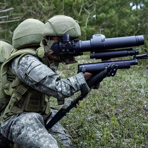 Image similar to a rare military frog equipped with rocket launcher and night vision target acquisition system, photo from innovative private military expo