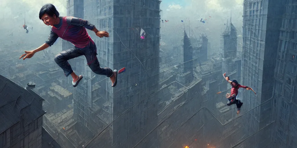 Image similar to bongbong marcos jumping from the highest building in the world, detailed intricate illustration, detailed illustration, hd, 4 k, digital art, overdetailed art, by greg rutkowski, by loish, complementing colors, trending on artstation, deviantart