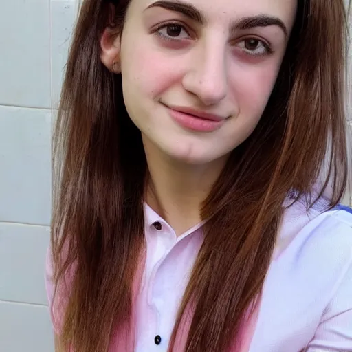 Prompt: 1 9 years old slim straight brown hair gabriella papadakis, neck wrinkles, wearing white jean and pink shirt