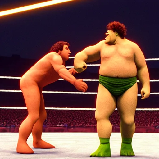 Image similar to shrek vs andre the giant at wrestlemania 8, dramatic lighting, 8k , WWE poster