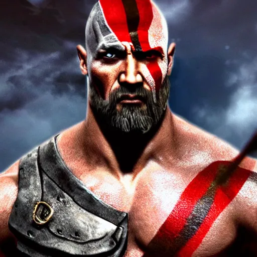 Prompt: The Rock as Kratos, with a background based on the game God of War, detailed face