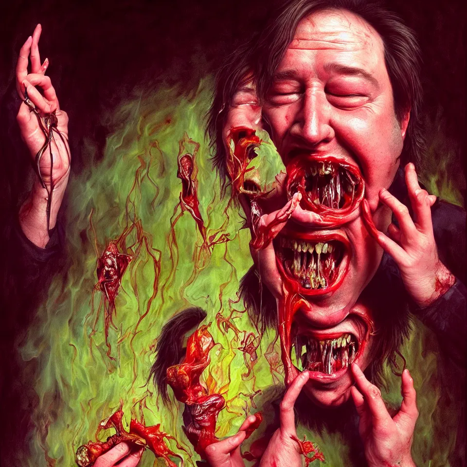 Image similar to weird and disturbing psychedelic bill hicks eating rotten flesh, laughing and puking blood, diffuse lighting, fantasy, intricate, elegant, highly detailed, lifelike, photorealistic, digital painting, artstation, illustration, concept art, smooth, sharp focus, art by francis bacon