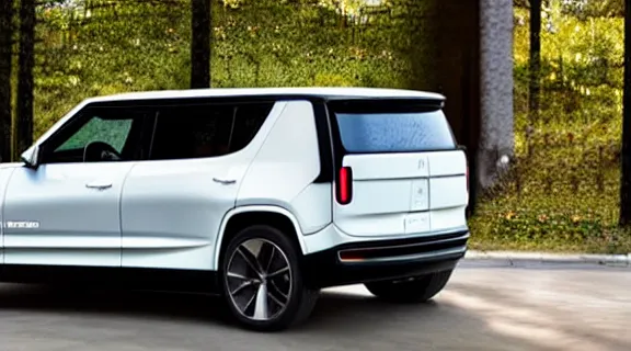 Prompt: a modern hatchback car side view designed by Rivian, realistic studio photography
