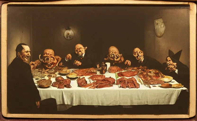 Prompt: daguerreotype of a formal dinner party involving a great deal of meat on a table in a dark kitchen watched by a fat monster in one corner, painted by rick berry and norman rockwell and zdzislaw beksinski, highly detailed