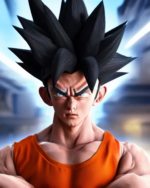 Image similar to 3 d high octane render, 8 k hyperrealism, unreal engine, photorealistic goku, portrait, dynamic lighting, photorealistic, unreal engine, octane, ultra detailed, detailed faces, hd quality, life like, high render, hd resolution