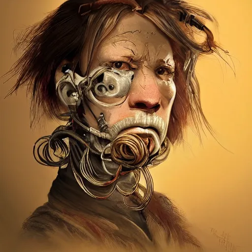 Prompt: portrait of a Shibari rope wrapped face and neck, headshot, insanely nice professional hair style, dramatic hair color, digital painting, of a old 17th century, old cyborg merchant, mouth wired shut, amber jewels, baroque, ornate clothing, scifi, realistic, hyperdetailed, chiaroscuro, concept art, art by Franz Hals and Jon Foster and Ayami Kojima and Amano and Karol Bak,