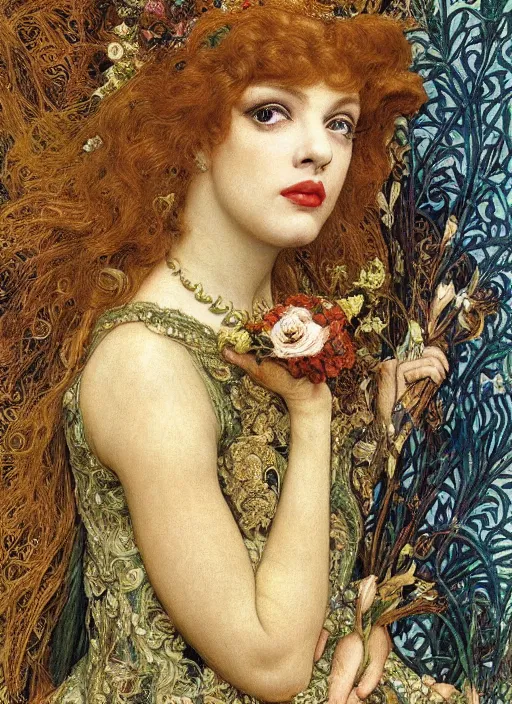 Prompt: masterpiece of intricately detailed preraphaelite photography portrait face hybrid of judy garland and a hybrid of lady gaga and a hybrid of ingrid bergman and jackie kennedy, sat down in train aile, inside a beautiful underwater train to atlantis, betty page fringe, medieval dress yellow ochre, by william morris ford madox brown william powell frith frederic leighton john william waterhouse hildebrandt