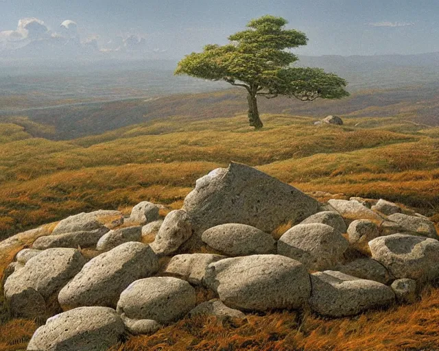 Image similar to a high hill landscape with a circle of large stones in the shape of a finger on the top, by ted nasmith