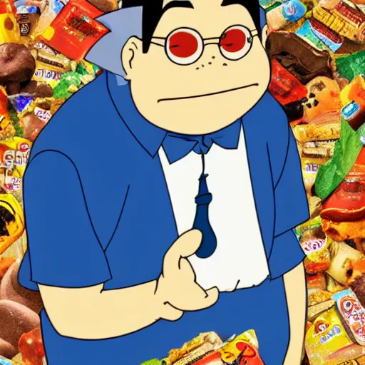 Prompt: Anthropomorphic man holding too many snack food bags, cel animation by studio ghibli , post-processing , IMAX , vibrant colors , award-winning masterpiece 20 years in the making