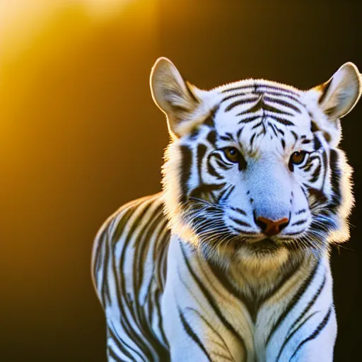 Image similar to a low angle photo of a white tiger fox hybrid, at the golden hour, sunset, sunrise, warm lighting, strongshadows, photo by slim aarons, award winning, 4 k, from below, worms - eye - view, low angle