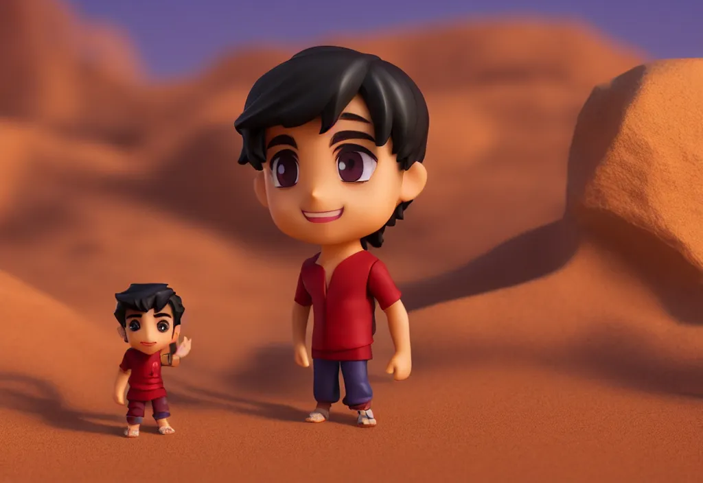 Image similar to profile view of arabic young aladdin as nendoroid walking in a desert, 8 k, hd, dof, kodak film, volumetric lighting, subsurface scattering, photorealistic, octane render