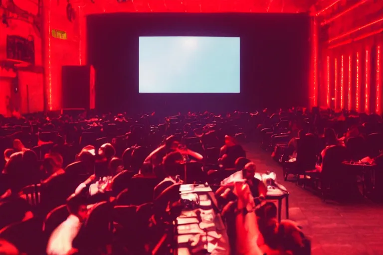 Prompt: a dark conference hall, people cheering at the man with sunglasses on stage, atmospheric and obscure, red neon light, by roger deakins, cinematography, syd mead, dave mckean