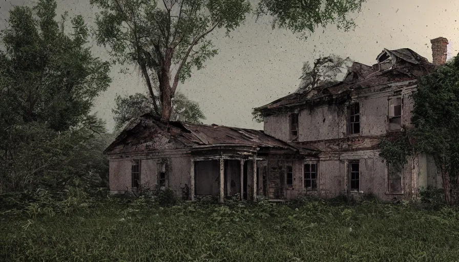 Image similar to old, ruined, abandoned American Midwestern house, seen from outside and overgrown by plants. First light of day falls upon the building. Scary, horror, ghost story. Dirt, leaves on ground. Octane render. Substance painter. Zbrush. Trending on artstation. 8K. Highly detailed.