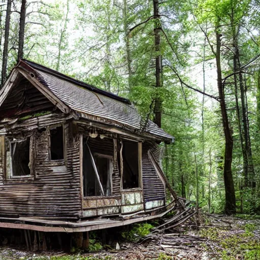 Prompt: delapidated cabin in a forest, near a creek