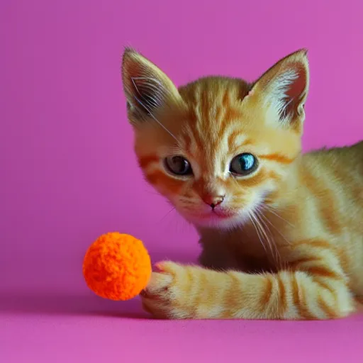 Image similar to orange tabby kitten playing with a ball of yarn, in lego, with pink background