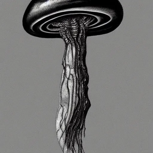 Image similar to beautiful roud mushroom cap - alien, bottom view, luminous lamellae are clearly visible, Giger, black background, hyper realism, epic composition