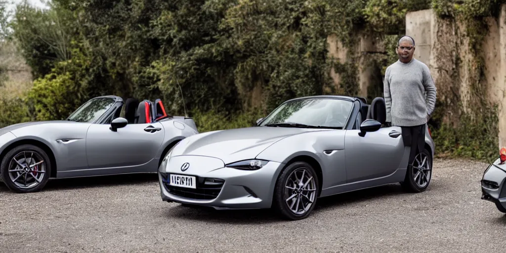 Image similar to a wide angle photograph of a grey rabbit posing next to a red mazda mx-5