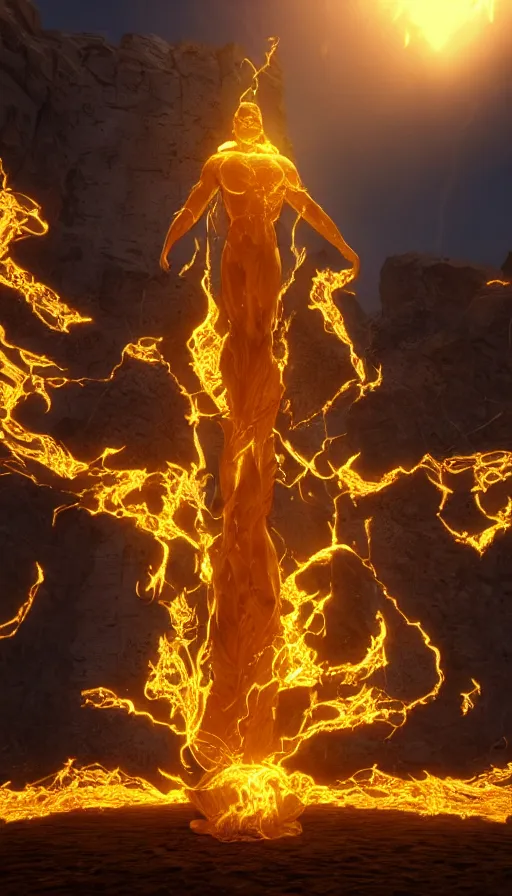 Image similar to a god made of golden fire, octane renderer, unreal engine, hyper realistic, volumetric lighting