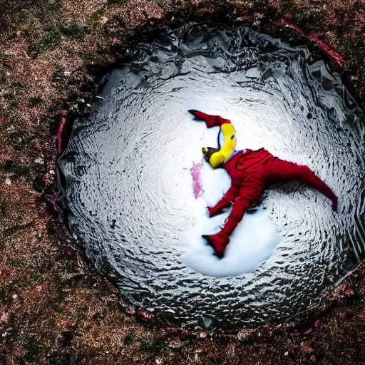 Prompt: A creepy clown emerging froma puddle of water, dramatic