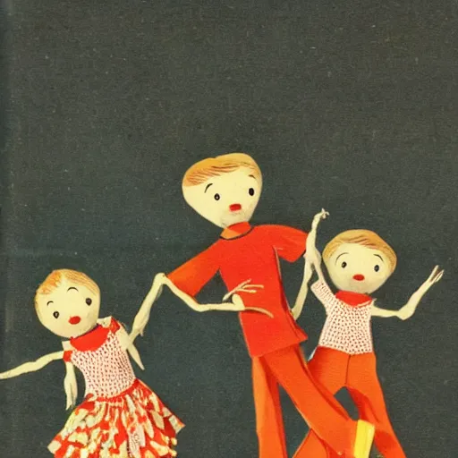 Prompt: marionettes dance so wildly with such great abandon, 1960s children book illustration