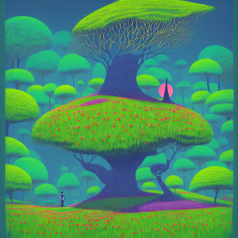 Image similar to ( ( ( ( ( gediminas pranckevicius ) ) ) ) ), stillness under bo tree in a jungle wild flower garden summer morning, very coherent and colorful high contrast art by james gilleard floralpunk screen printing woodblock, dark shadows, pastel color, hard lighting