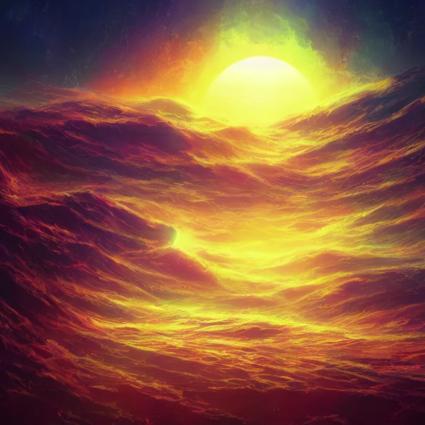 Prompt: an # illustration of submerging sun, psychedelic, by yoshitaka amano and alena aenami, trending on artstation, nvidia, matte painting, unreal engine