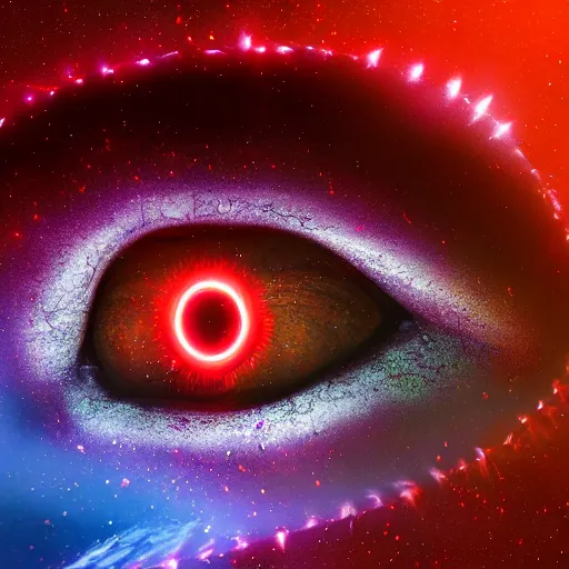 Image similar to Medusa caught by a ring of fire, red eyes, galaxy background, symmetric, dramatic lighting, hyperrealistic, unreal engine, highly detailed,