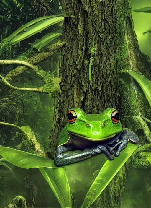 Image similar to a beautiful matte painting of a green frog in the jungle, kambo