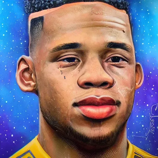 Prompt: cloudpunk gleaming detailed portrait of memphis depay at elderly age of 1 0 5
