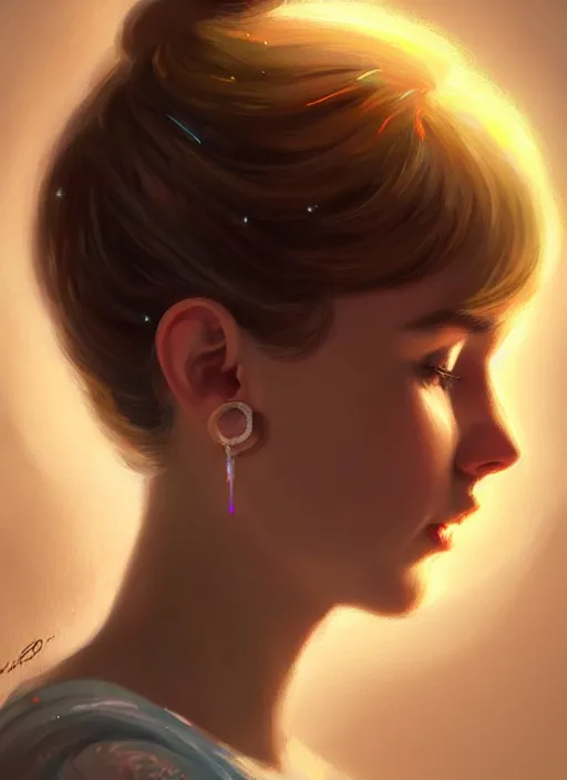 Image similar to portrait of betty cooper with fluffy bangs, bangs, 1 9 6 0 s, ponytail, curly bangs and ponytail, rounder face, intricate, elegant, glowing lights, highly detailed, digital painting, artstation, concept art, smooth, sharp focus, illustration, art by wlop, mars ravelo and greg rutkowski