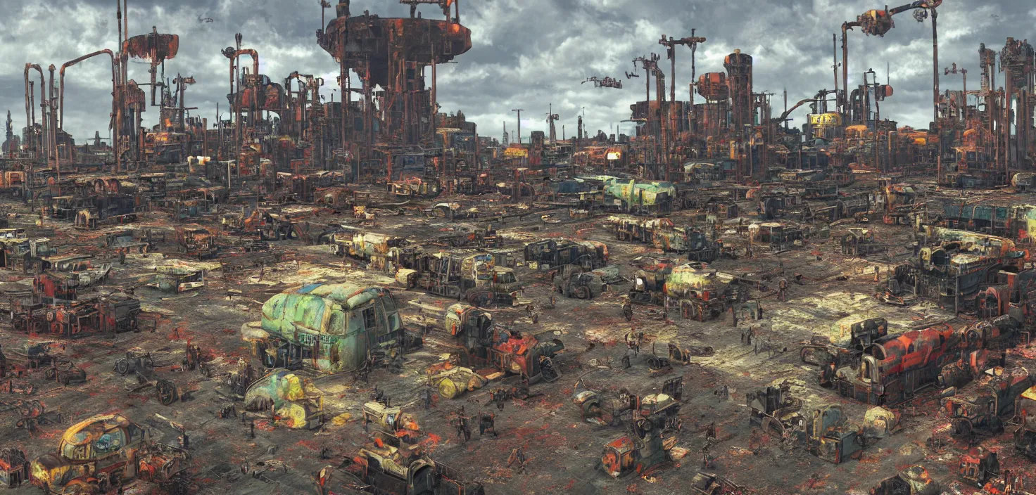 Image similar to industrial robot wasteland, fallout 4, colorful but morbid painting, soft edges