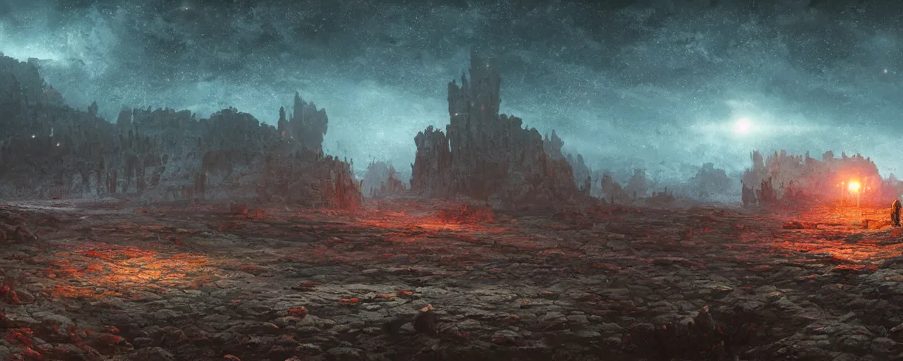 Prompt: ” otherwordly barren landscape at night, [ cinematic, detailed, epic, widescreen, opening, establishing, mattepainting, photorealistic, realistic textures, octane render, art by slop and paul lehr ] ”